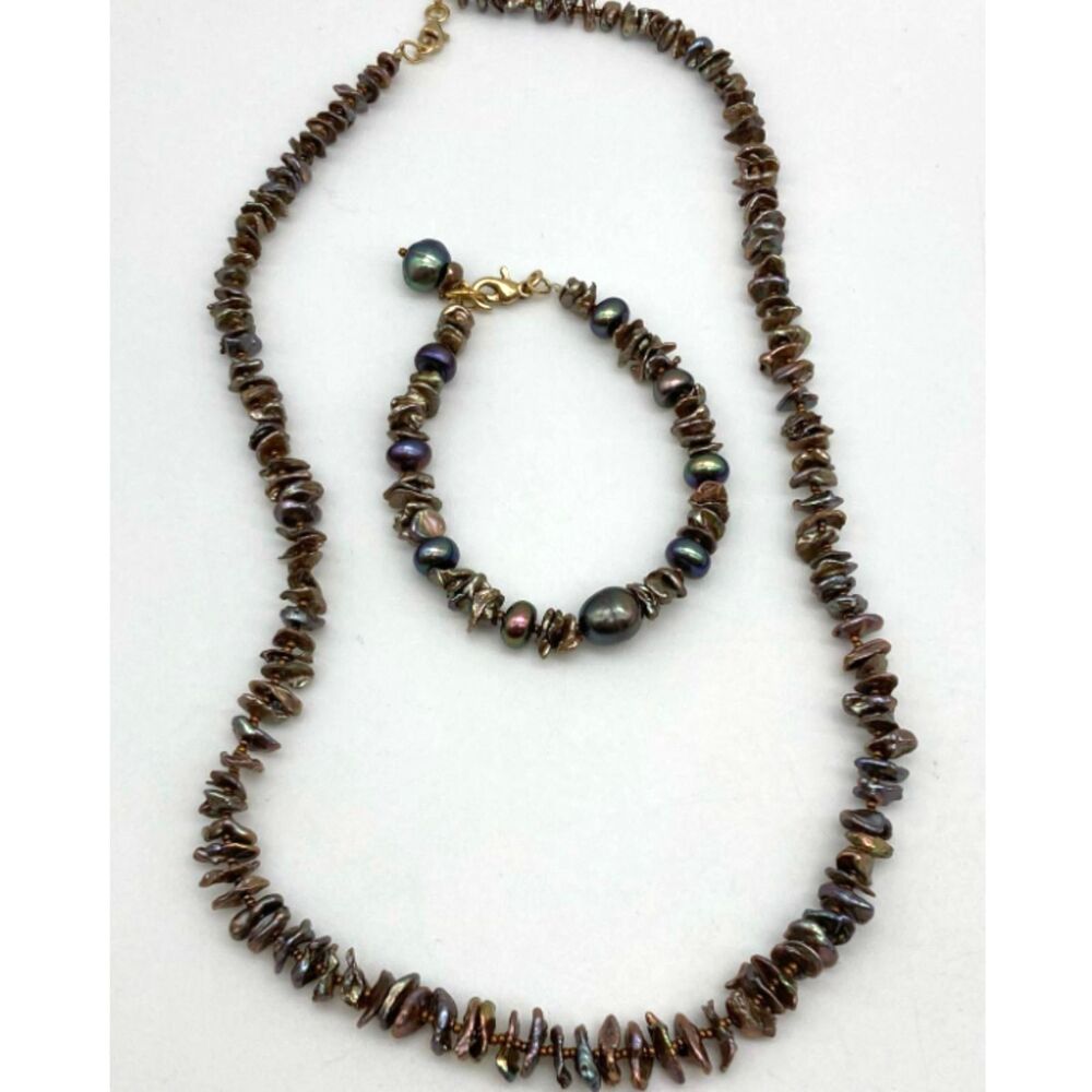 Keshi Cultured Pearl Necklace and Bracelet Jewelry Set